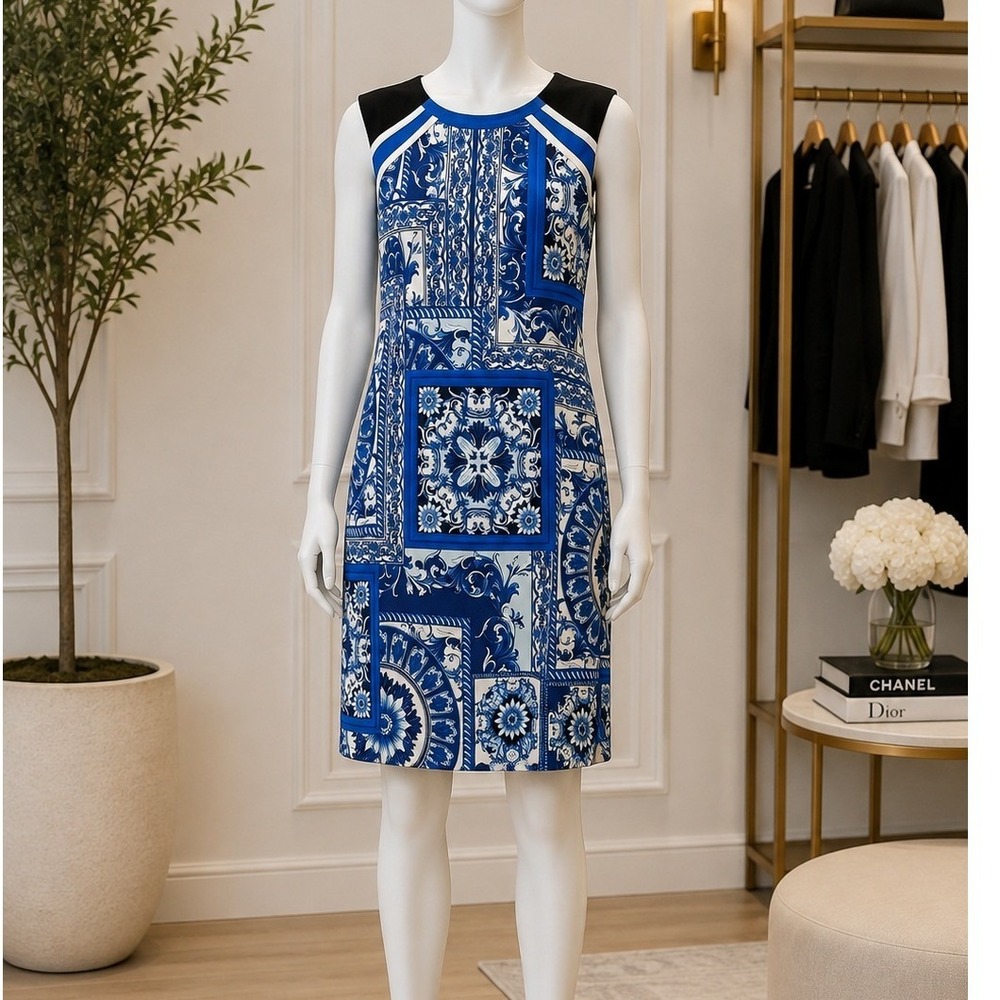 Muse Womens Sheath Dress Blue White Tile Print Cap Sleeve Size 10